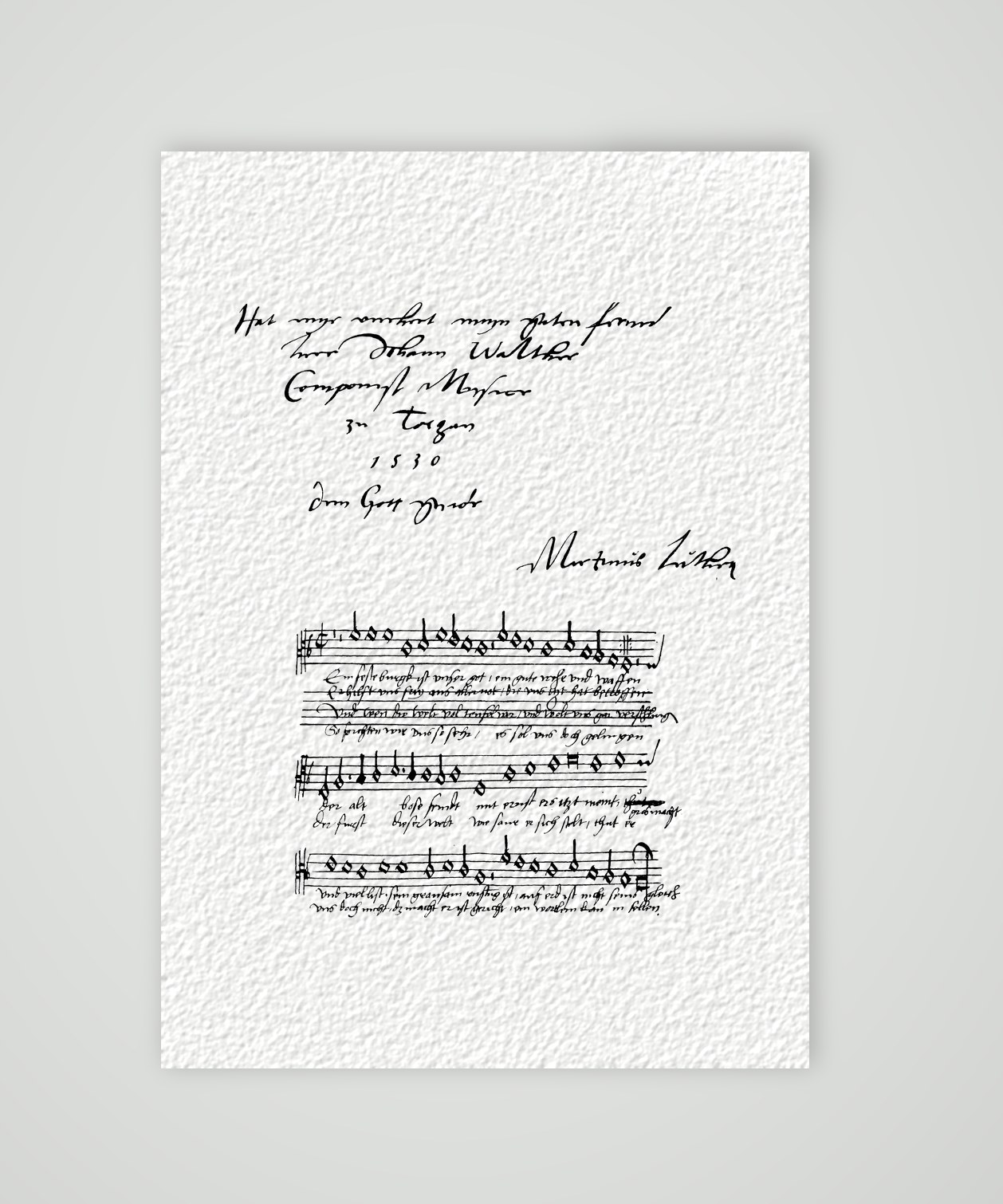 „Ein feste Burg“ – Luthers Handschrift und Noten – Faksimile nach Luthers Handschrift, Kunstdruck auf Hahnemühle-Büttenpapier