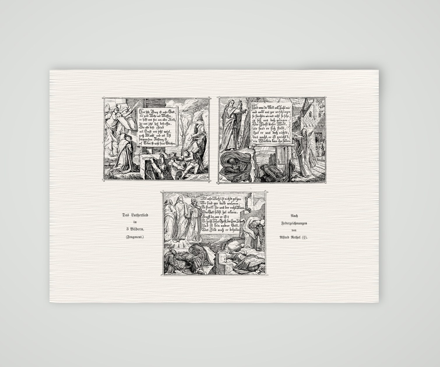 Das Lutherlied in drei Bildern – nach Alfred Rethel – Holzstich nach Federzeichnungen von Alfred Rethel, Kunstdruck auf Leinenpapier