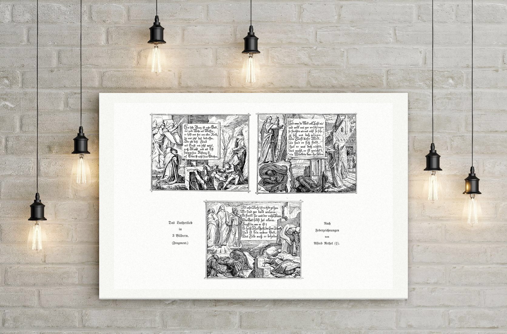 Das Lutherlied in drei Bildern – nach Alfred Rethel – Holzstich nach Federzeichnungen von Alfred Rethel, Leinwanddruck auf Holzkeilrahmen an der Wand