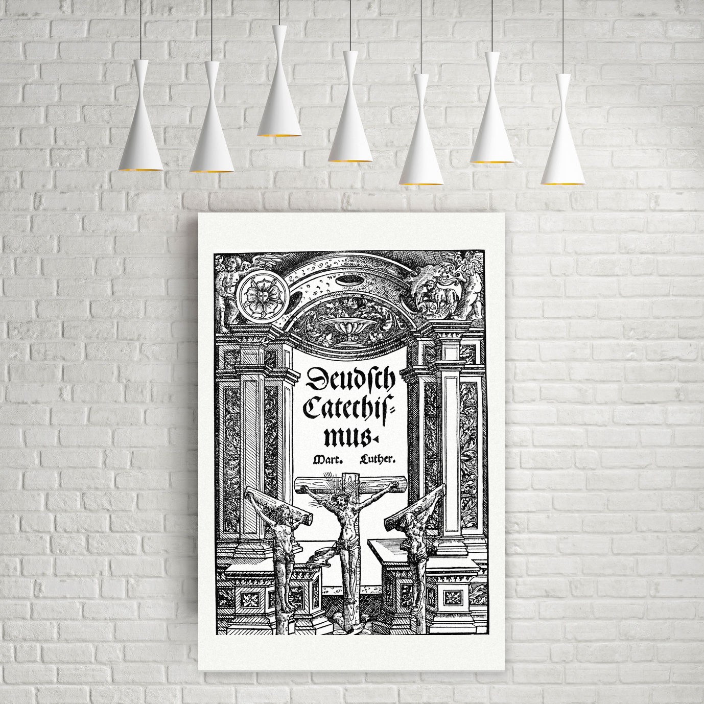 Titelblatt zu Luthers Großem Katechismus 1529 – Faksimile nach Holzschnitt von 1529, Leinwanddruck auf Holzkeilrahmen an der Wand