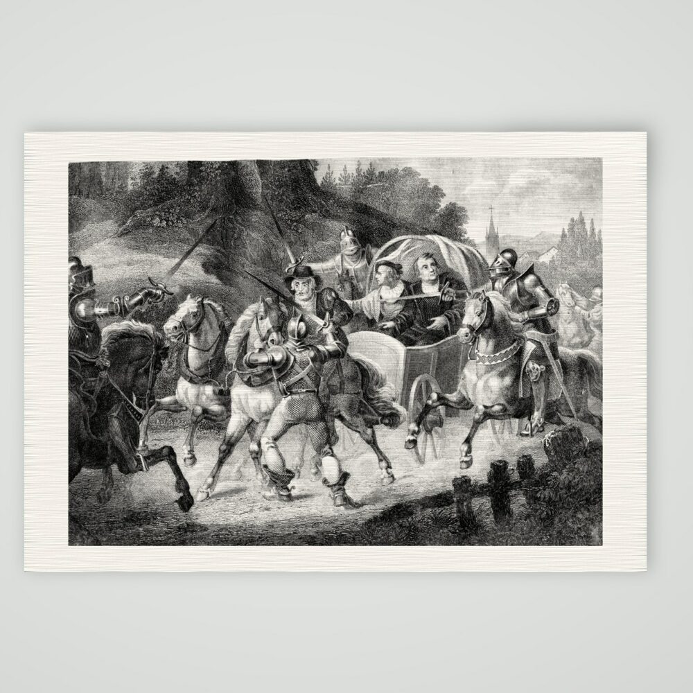 Luthers Gefangennahme auf der Rückreise von Worms – Stahlstich, Kunstdruck auf Leinenpapier