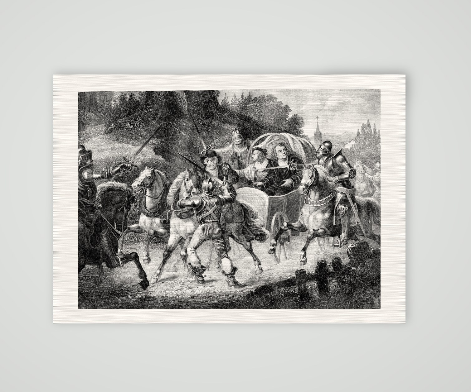 Luthers Gefangennahme auf der Rückreise von Worms – Stahlstich, Kunstdruck auf Leinenpapier