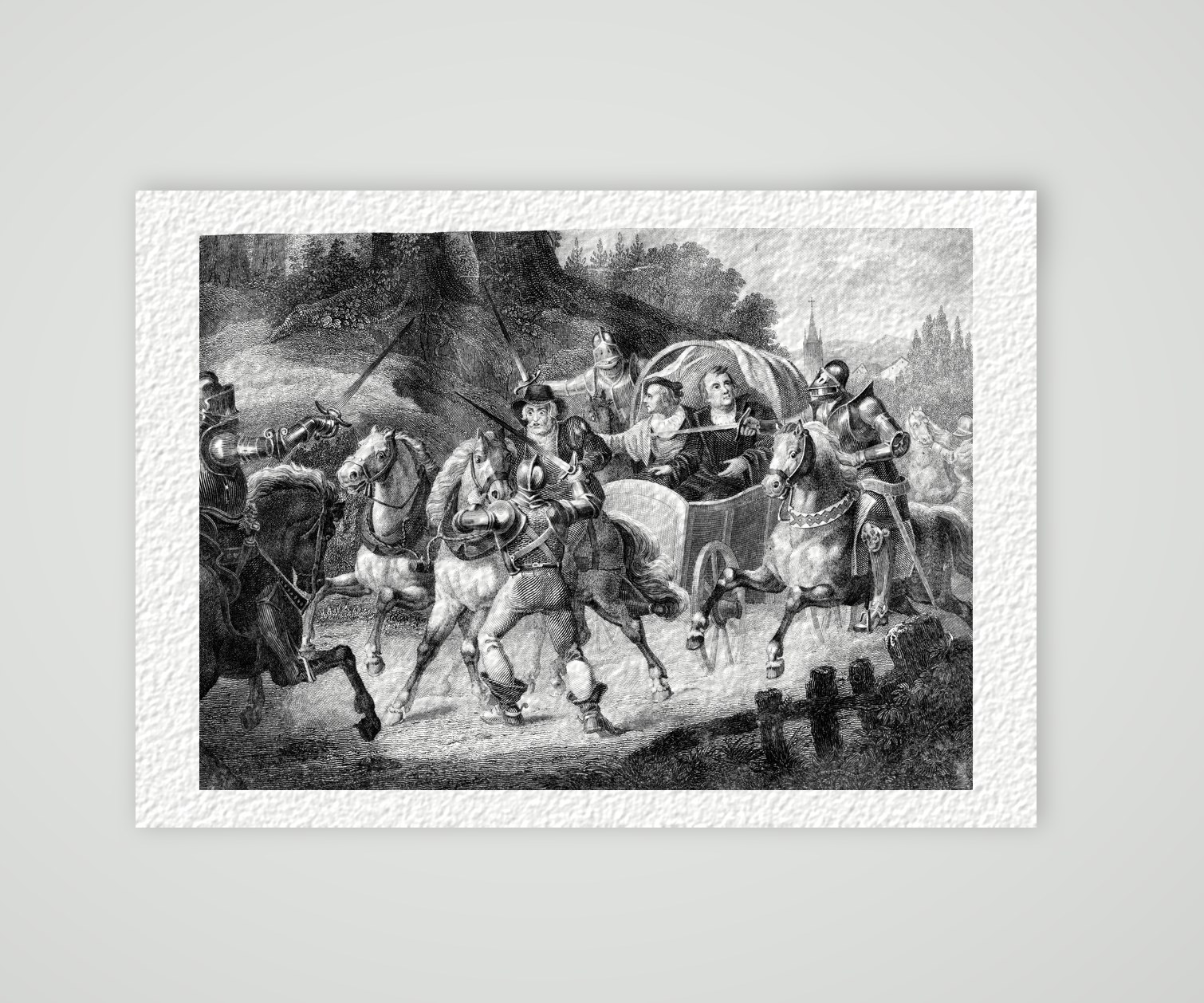 Luthers Gefangennahme auf der Rückreise von Worms – Stahlstich, Kunstdruck auf Hahnemühle-Büttenpapier