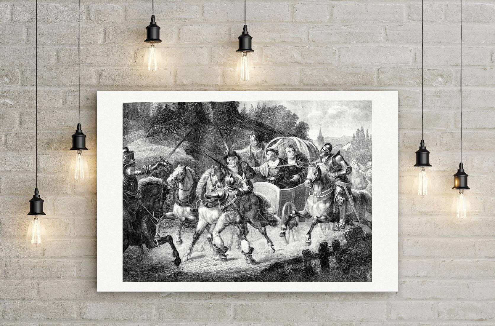 Luthers Gefangennahme auf der Rückreise von Worms – Stahlstich, Leinwanddruck auf Holzkeilrahmen an der Wand