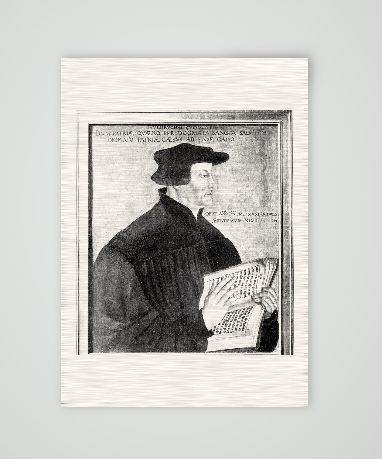 Huldrych Zwingli nach einem zeitgenössischen Gemälde – Buchreproduktion nach einem Ölgemälde des 16. Jahrhunderts, Kunstdruck auf Leinenpapier