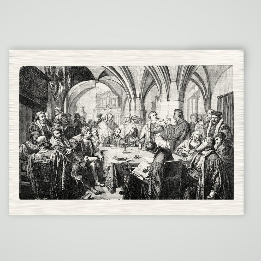 Das Marburger Religionsgespräch 1529 – Holzstich, Kunstdruck auf Leinenpapier