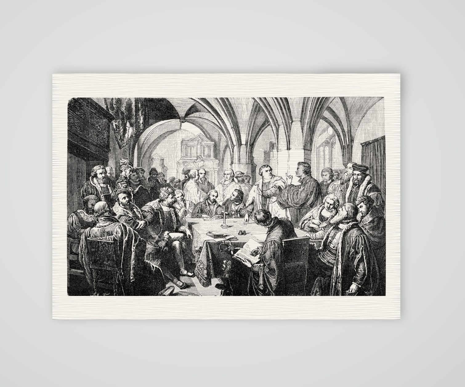 Das Marburger Religionsgespräch 1529 – Holzstich, Kunstdruck auf Leinenpapier