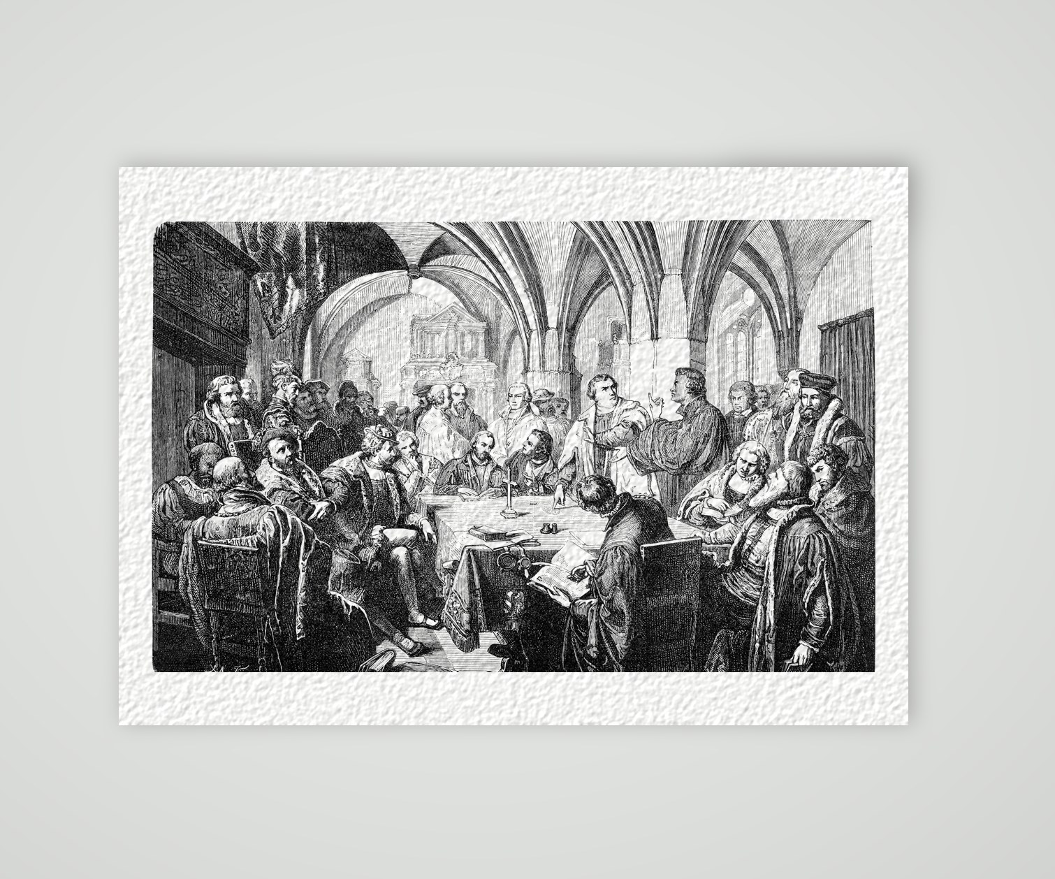 Das Marburger Religionsgespräch 1529 – Holzstich, Kunstdruck auf Hahnemühle-Büttenpapier