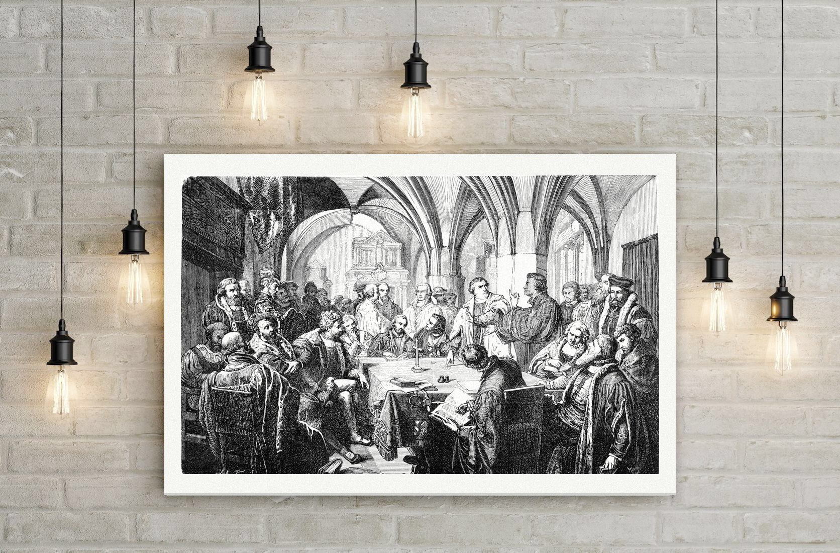Das Marburger Religionsgespräch 1529 – Holzstich, Leinwanddruck auf Holzkeilrahmen an der Wand