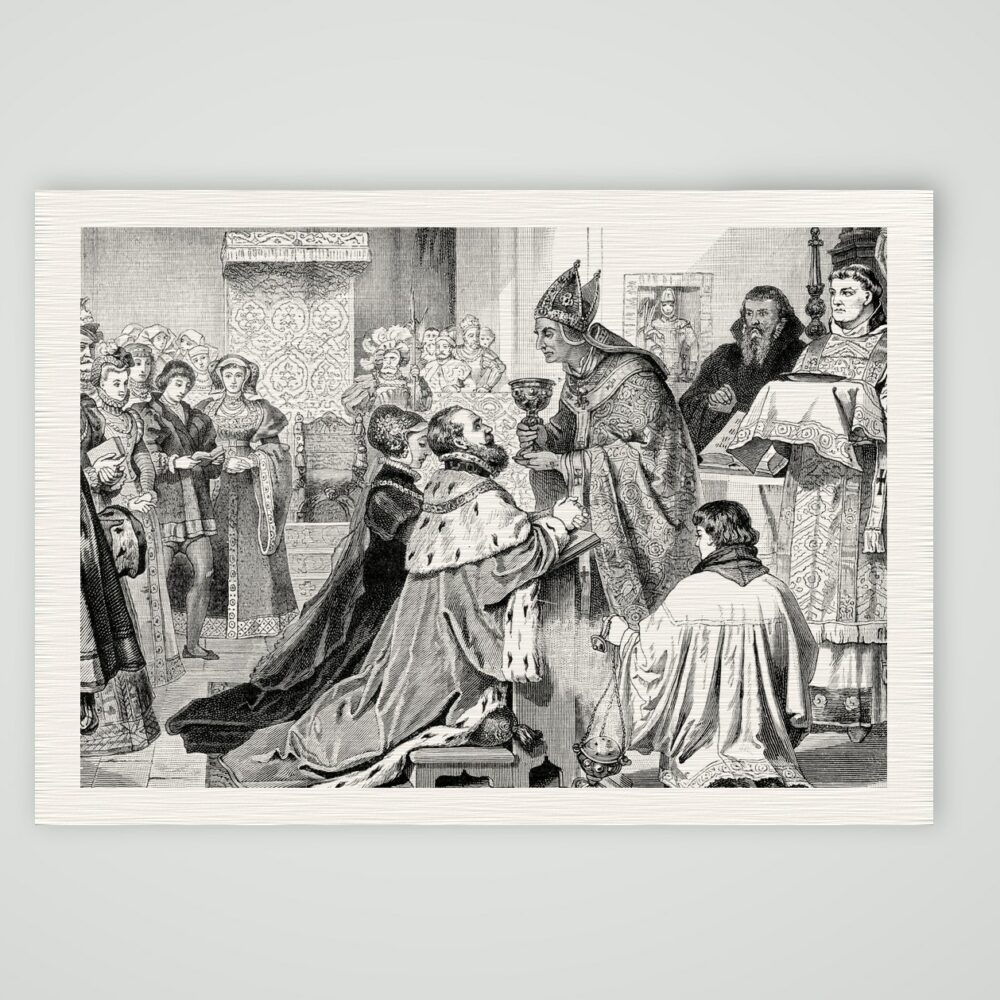 Joachim II. tritt zum Luthertum über, Spandau 1539 – Holzstich, Kunstdruck auf Leinenpapier