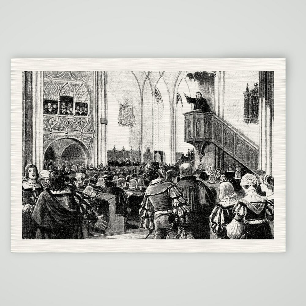 Luther predigt 1539 in der Thomaskirche zu Leipzig – Buchreproduktion, Kunstdruck auf Leinenpapier