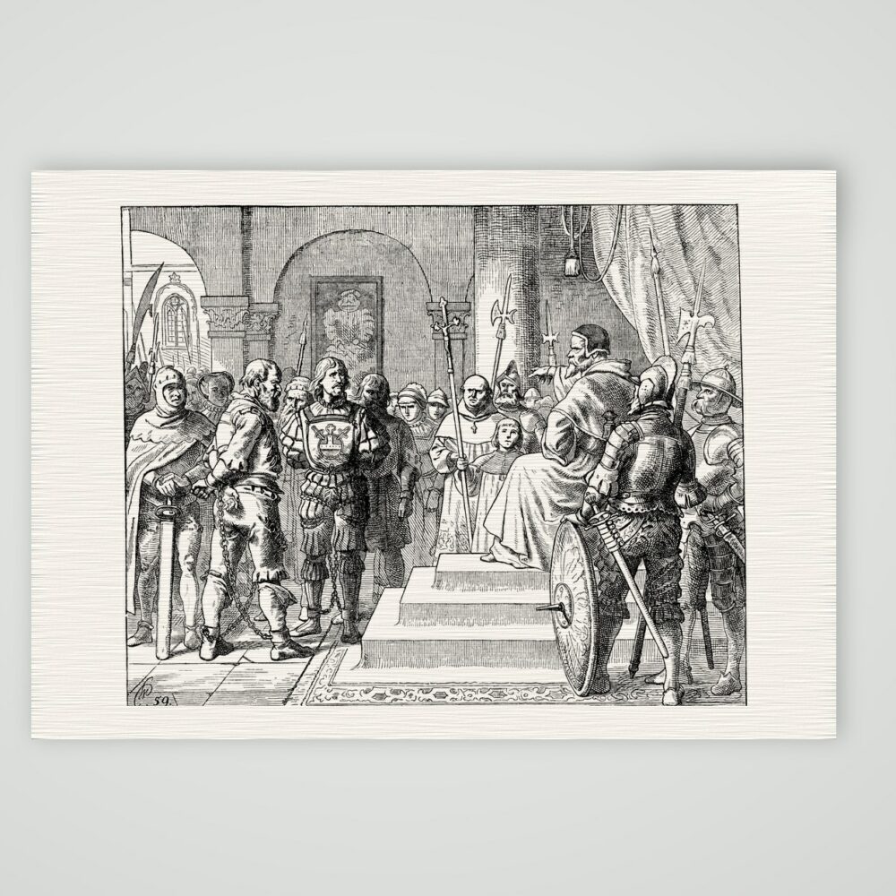 Die Wiedertäufer vor dem Bischof von Münster – nach Camphausen – Holzstich nach W. von Camphausen, Kunstdruck auf Leinenpapier