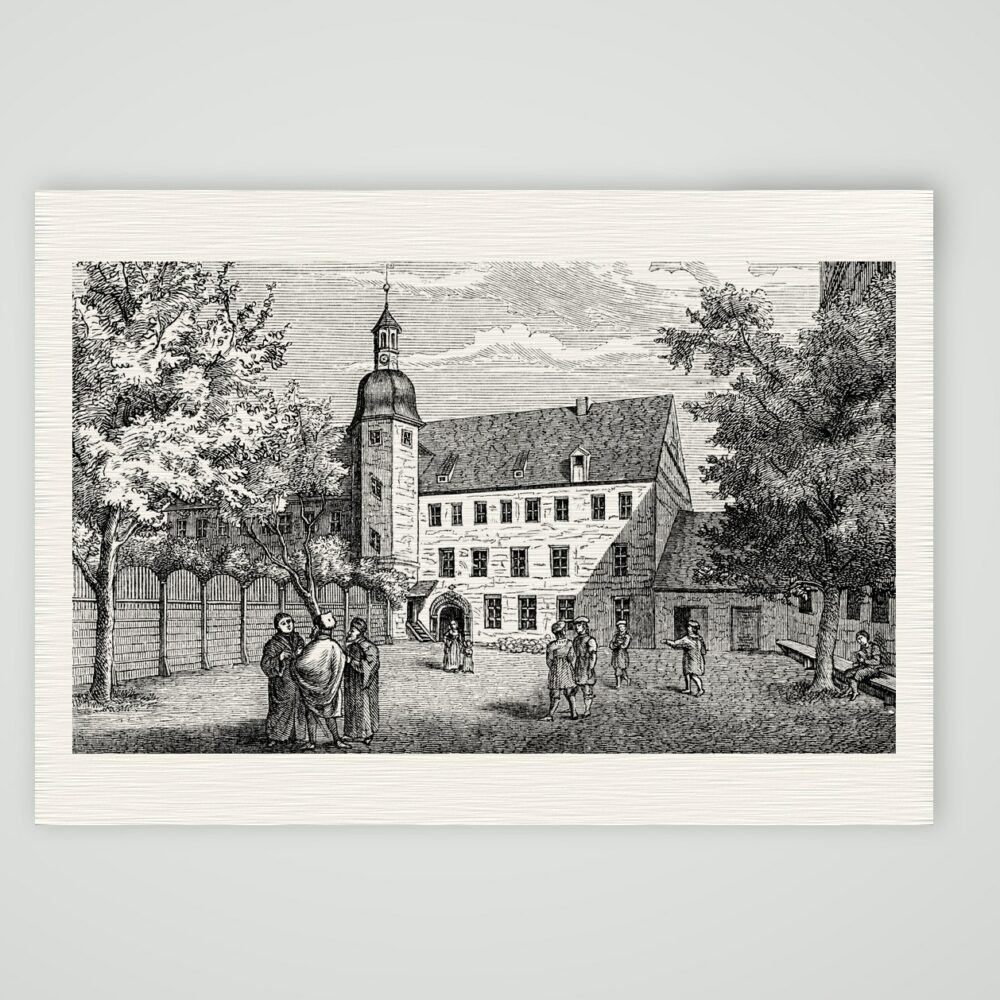 Wittenberg, das Augustinerkloster zu Luthers Zeiten – Holzstich, Kunstdruck auf Leinenpapier