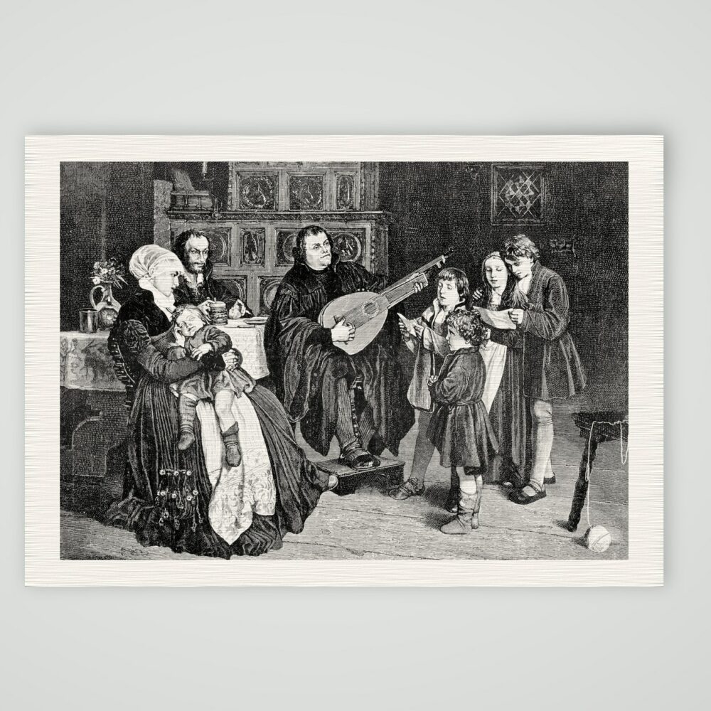 Luther im Kreis seiner Familie – nach Spangenberg – Buchreproduktion nach dem Gemälde von G. Spangenberg, Kunstdruck auf Leinenpapier