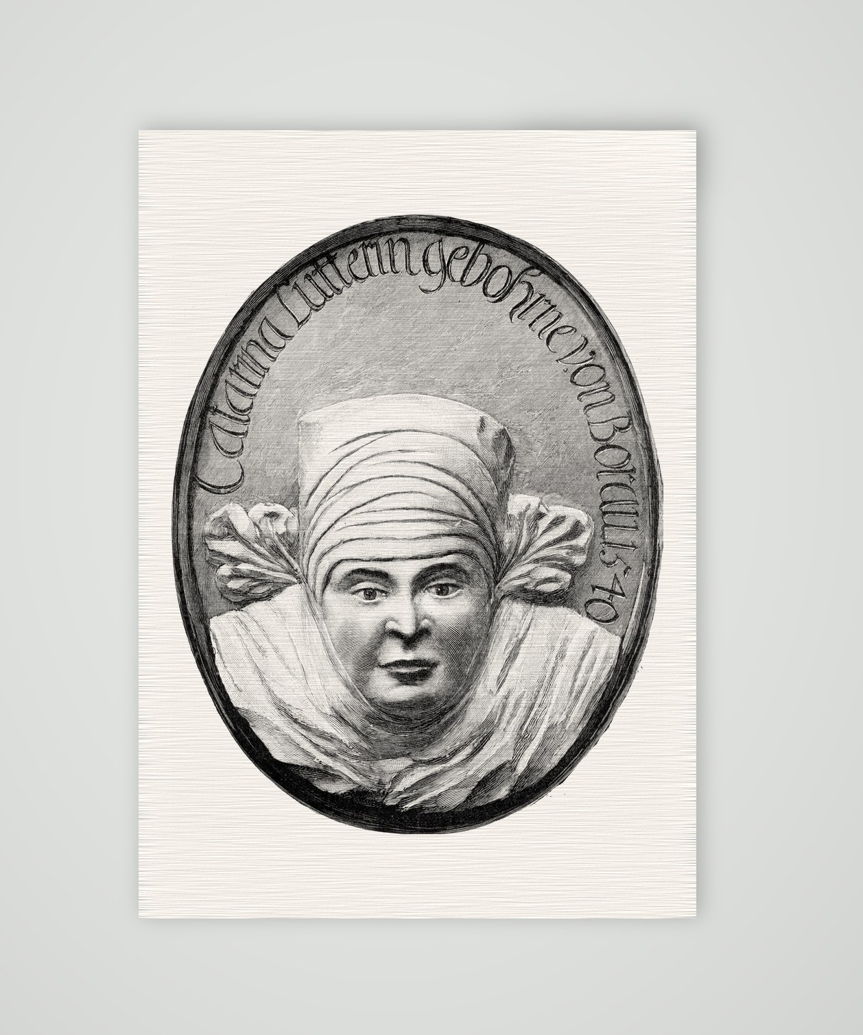 Katharina von Bora – das Hochrelief in Kieritzsch – Holzstich nach dem Hochrelief, Kunstdruck auf Leinenpapier