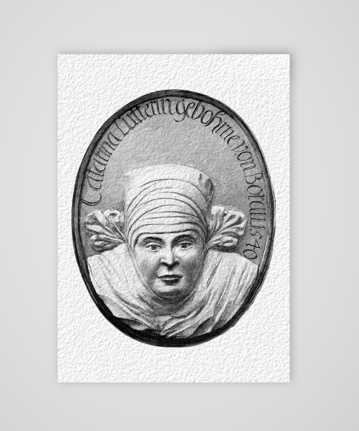 Katharina von Bora – das Hochrelief in Kieritzsch – Holzstich nach dem Hochrelief, Kunstdruck auf Hahnemühle-Büttenpapier