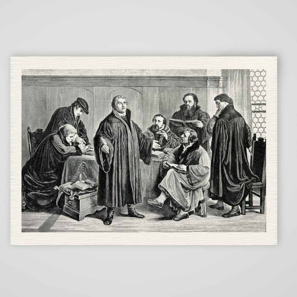 Martin Luther mit Bugenhagen, Justus Jonas, Rörer, Aurogallus und Ziegler bei der Bibelübersetzung, Holzstich nach L. Gey, Kunstdruck auf Leinenpapier