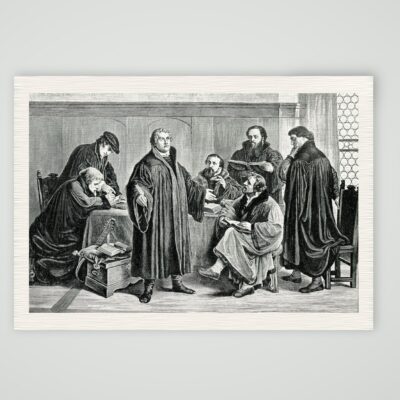Martin Luther mit Bugenhagen, Justus Jonas, Rörer, Aurogallus und Ziegler bei der Bibelübersetzung, Holzstich nach L. Gey, Kunstdruck auf Leinenpapier