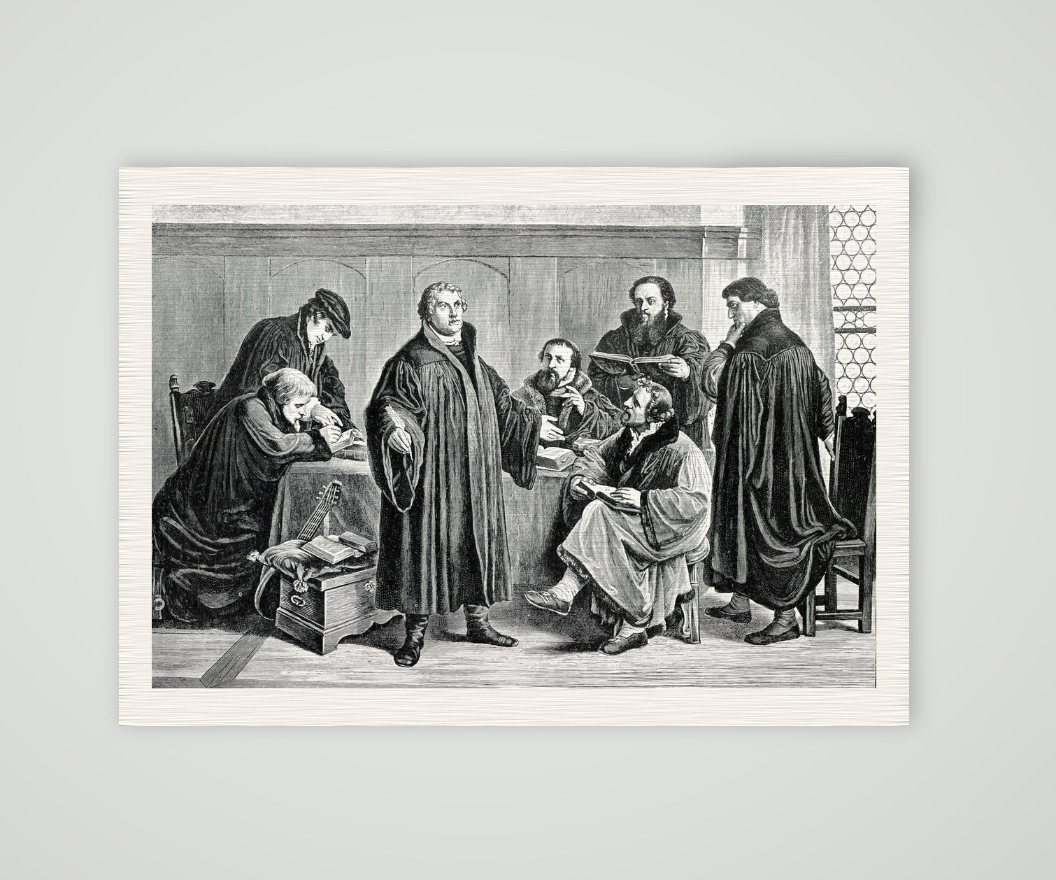 Martin Luther mit Bugenhagen, Justus Jonas, Rörer, Aurogallus und Ziegler bei der Bibelübersetzung, Holzstich nach L. Gey, Kunstdruck auf Leinenpapier