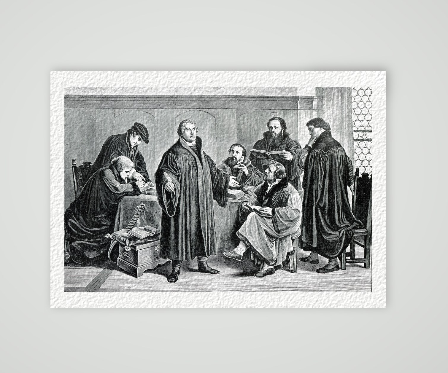 Martin Luther mit Bugenhagen, Justus Jonas, Rörer, Aurogallus und Ziegler bei der Bibelübersetzung, Holzstich nach L. Gey, Kunstdruck auf Hahnemühle-Büttenpapier