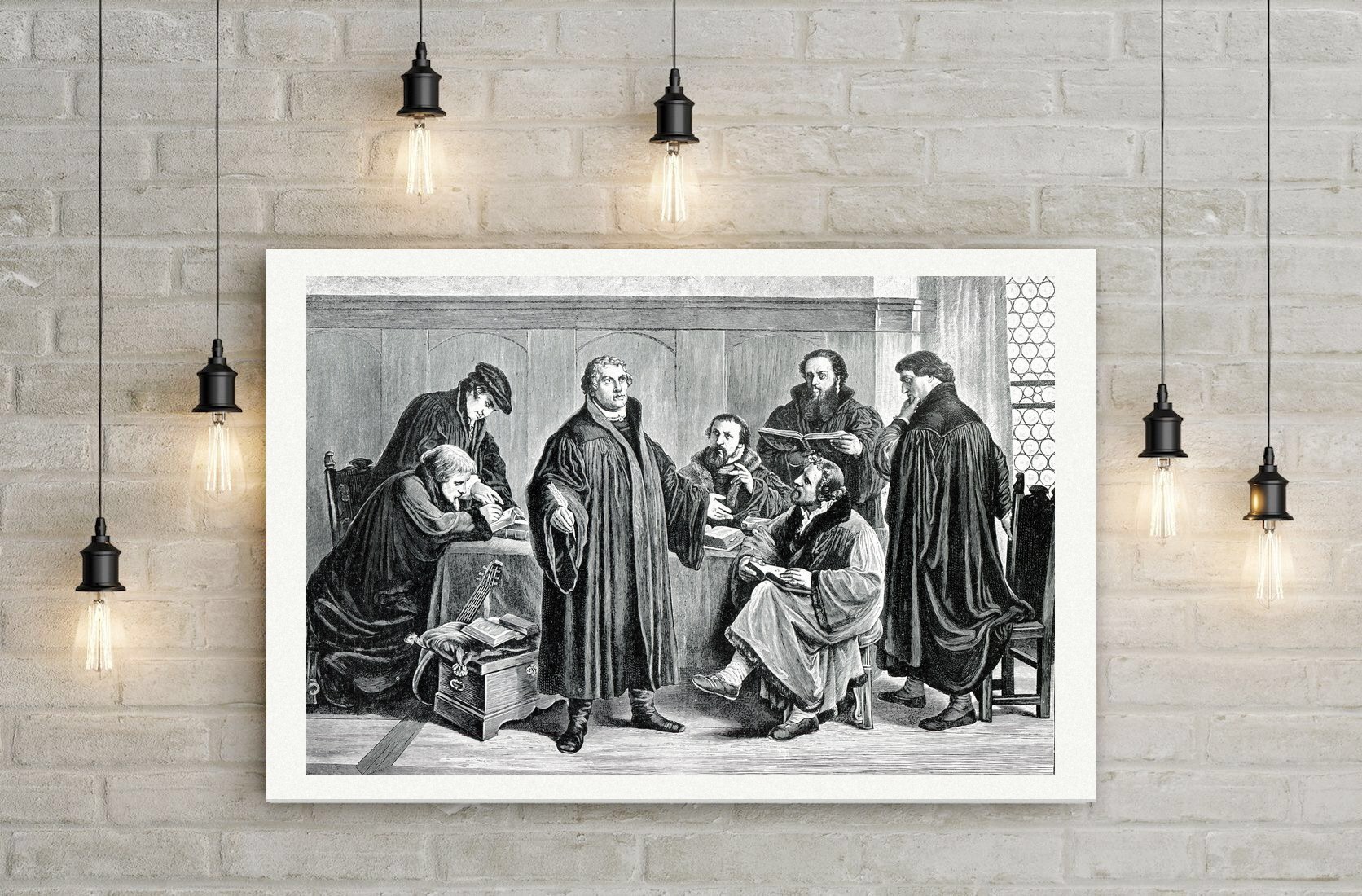 Martin Luther mit Bugenhagen, Justus Jonas, Rörer, Aurogallus und Ziegler bei der Bibelübersetzung, Holzstich nach L. Gey, Leinwanddruck auf Holzkeilrahmen an der Wand