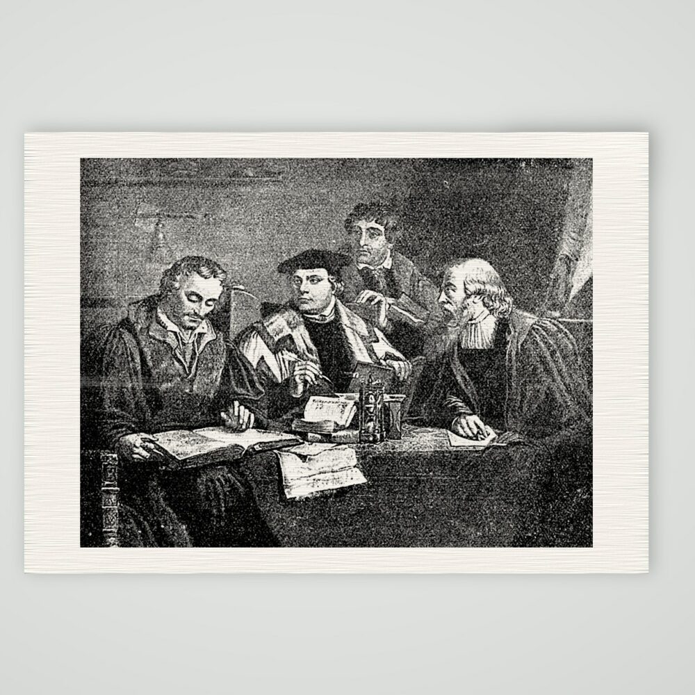 Die Reformatoren bei der Bibelübersetzung – nach Labouchère – Buchreproduktion nach einem Stich von Simons nach Labouchère, Kunstdruck auf Leinenpapier