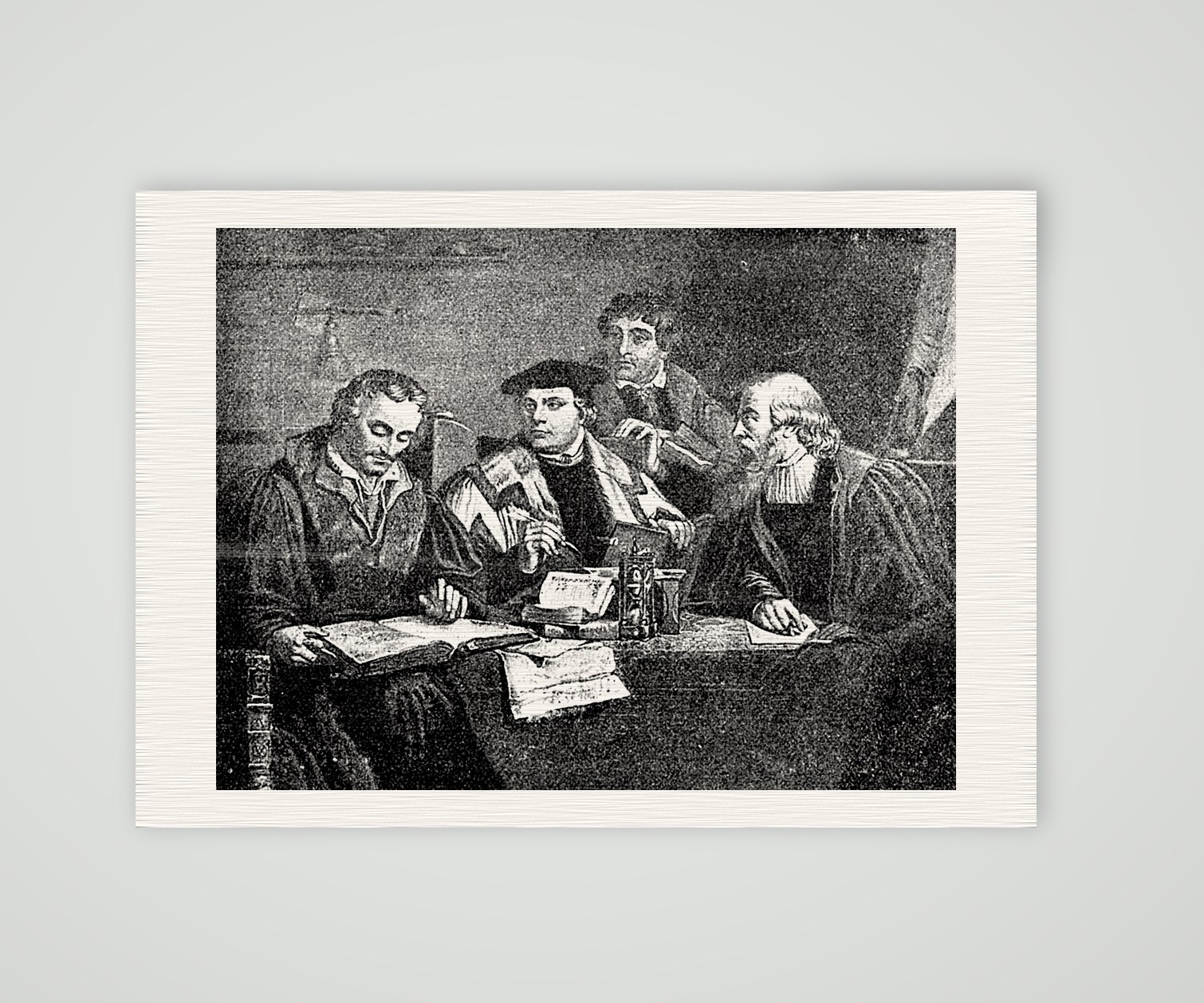 Die Reformatoren bei der Bibelübersetzung – nach Labouchère – Buchreproduktion nach einem Stich von Simons nach Labouchère, Kunstdruck auf Leinenpapier
