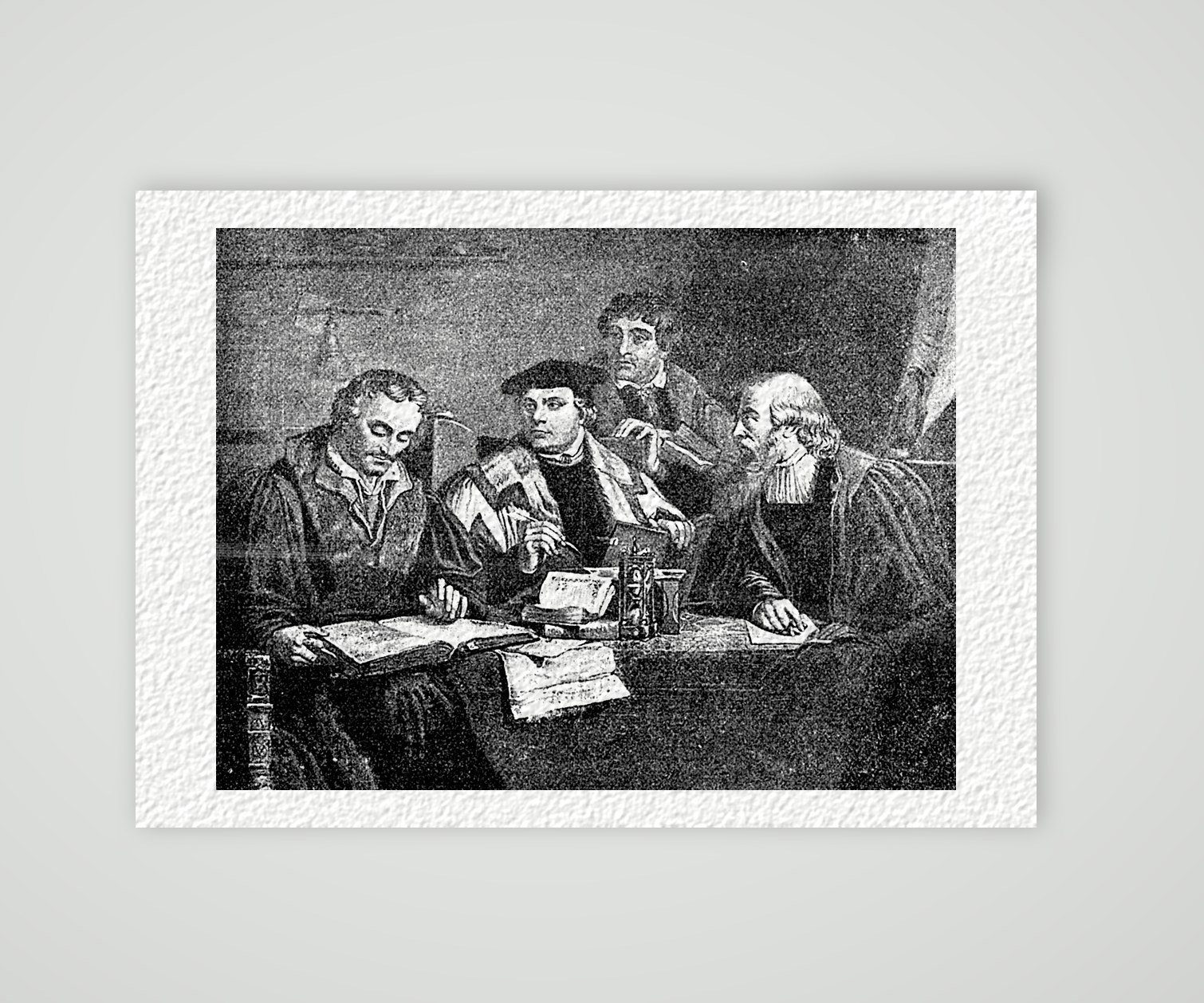 Die Reformatoren bei der Bibelübersetzung – nach Labouchère – Buchreproduktion nach einem Stich von Simons nach Labouchère, Kunstdruck auf Hahnemühle-Büttenpapier