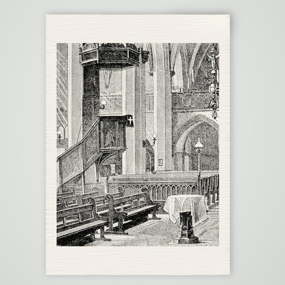 Eisleben, die Lutherkanzel in der Andreaskirche – Holzstich, Kunstdruck auf Leinenpapier