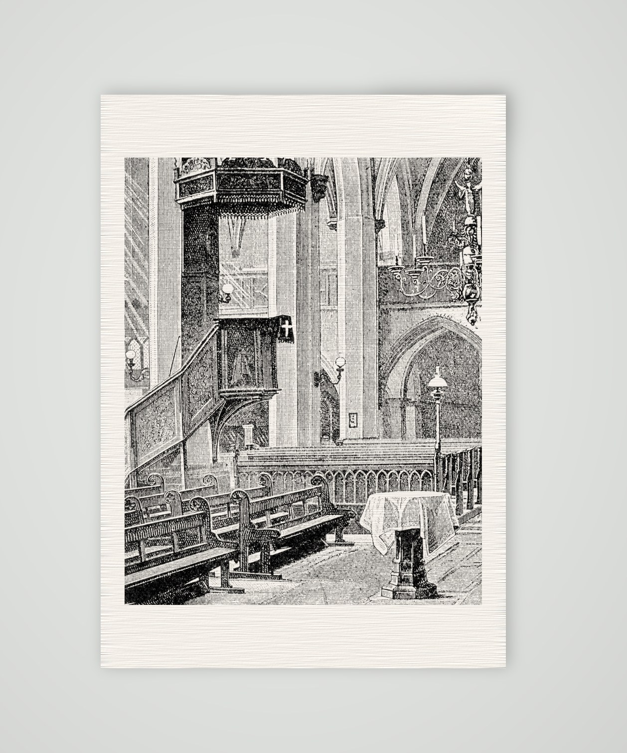 Eisleben, die Lutherkanzel in der Andreaskirche – Holzstich, Kunstdruck auf Leinenpapier