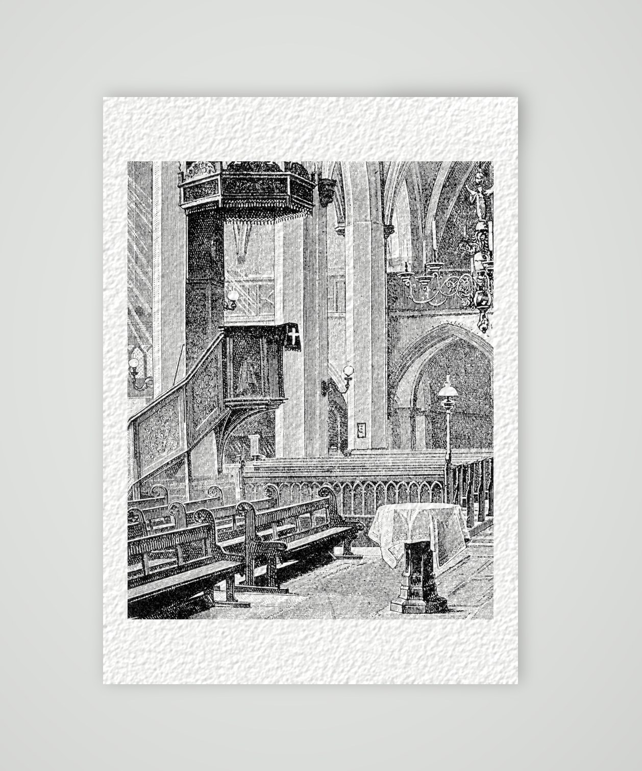 Eisleben, die Lutherkanzel in der Andreaskirche – Holzstich, Kunstdruck auf Hahnemühle-Büttenpapier