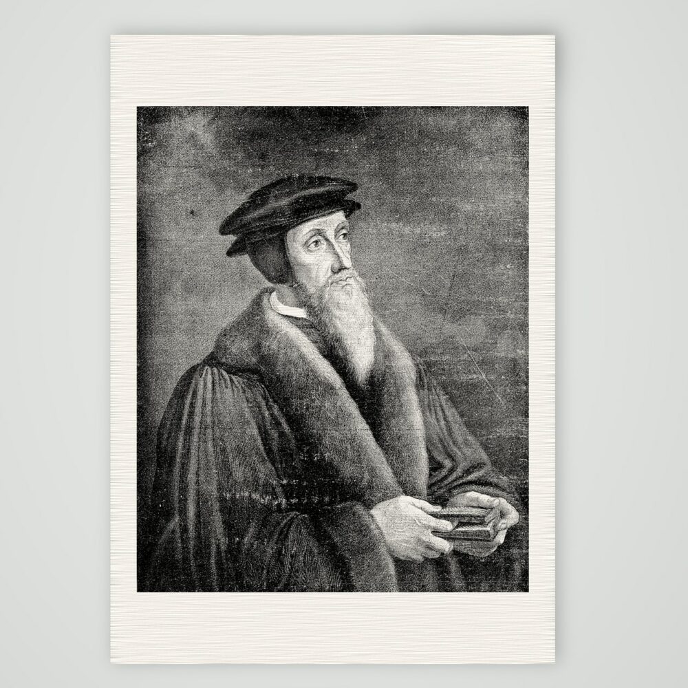 Johannes Calvin mit Buch – Buchreproduktion, Kunstdruck auf Leinenpapier