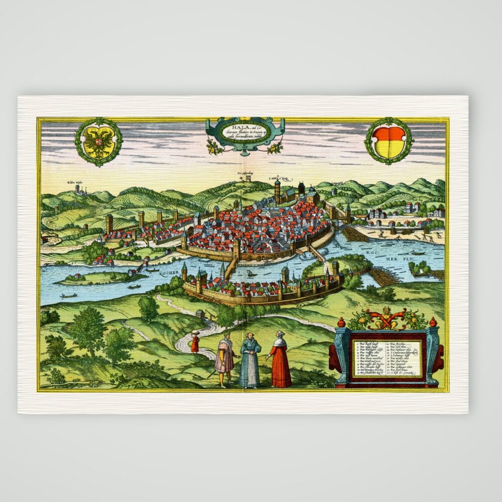 Halle an der Saale nach Braun und Hogenberg – Farbiges Faksimile nach Braun und Hogenberg, Kunstdruck auf Leinenpapier