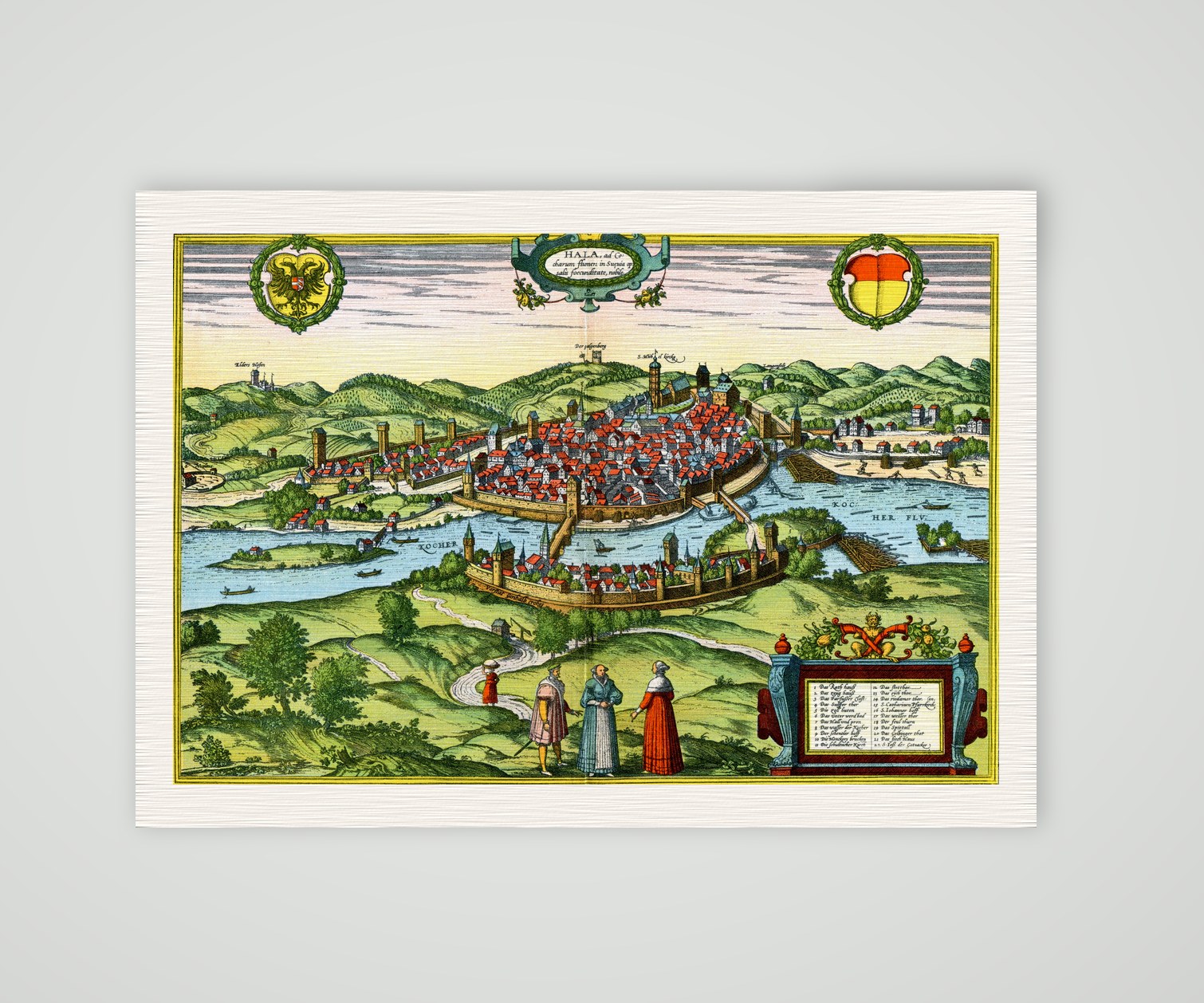 Halle an der Saale nach Braun und Hogenberg – Farbiges Faksimile nach Braun und Hogenberg, Kunstdruck auf Leinenpapier