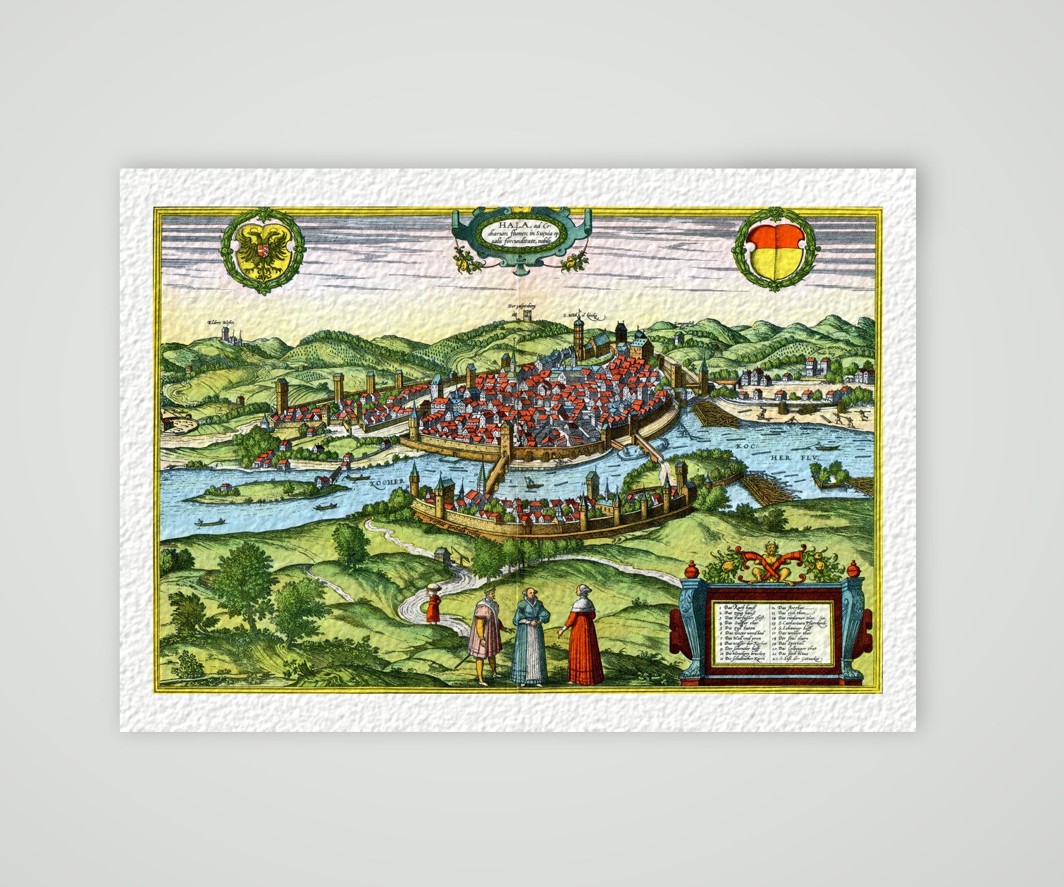 Halle an der Saale nach Braun und Hogenberg – Farbiges Faksimile nach Braun und Hogenberg, Kunstdruck auf Hahnemühle-Büttenpapier