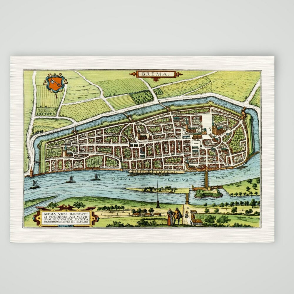 Bremen, kolorierter Vogelschauplan mit Weser und Stadtwappen, Braun und Hogenberg, Civitates orbis terrarum 1574, Kunstdruck auf Leinenpapier