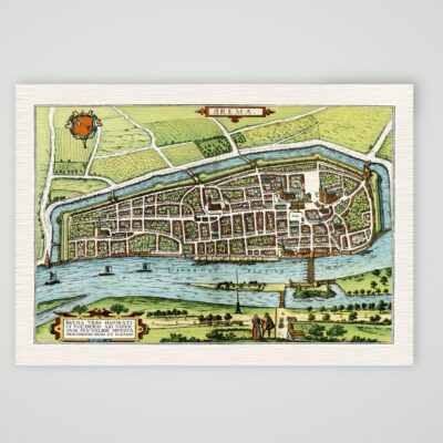 Bremen, kolorierter Vogelschauplan mit Weser und Stadtwappen, Braun und Hogenberg, Civitates orbis terrarum 1574, Kunstdruck auf Leinenpapier