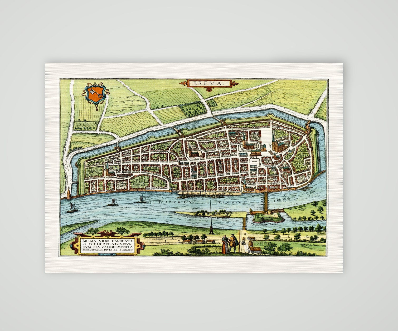 Bremen, kolorierter Vogelschauplan mit Weser und Stadtwappen, Braun und Hogenberg, Civitates orbis terrarum 1574, Kunstdruck auf Leinenpapier