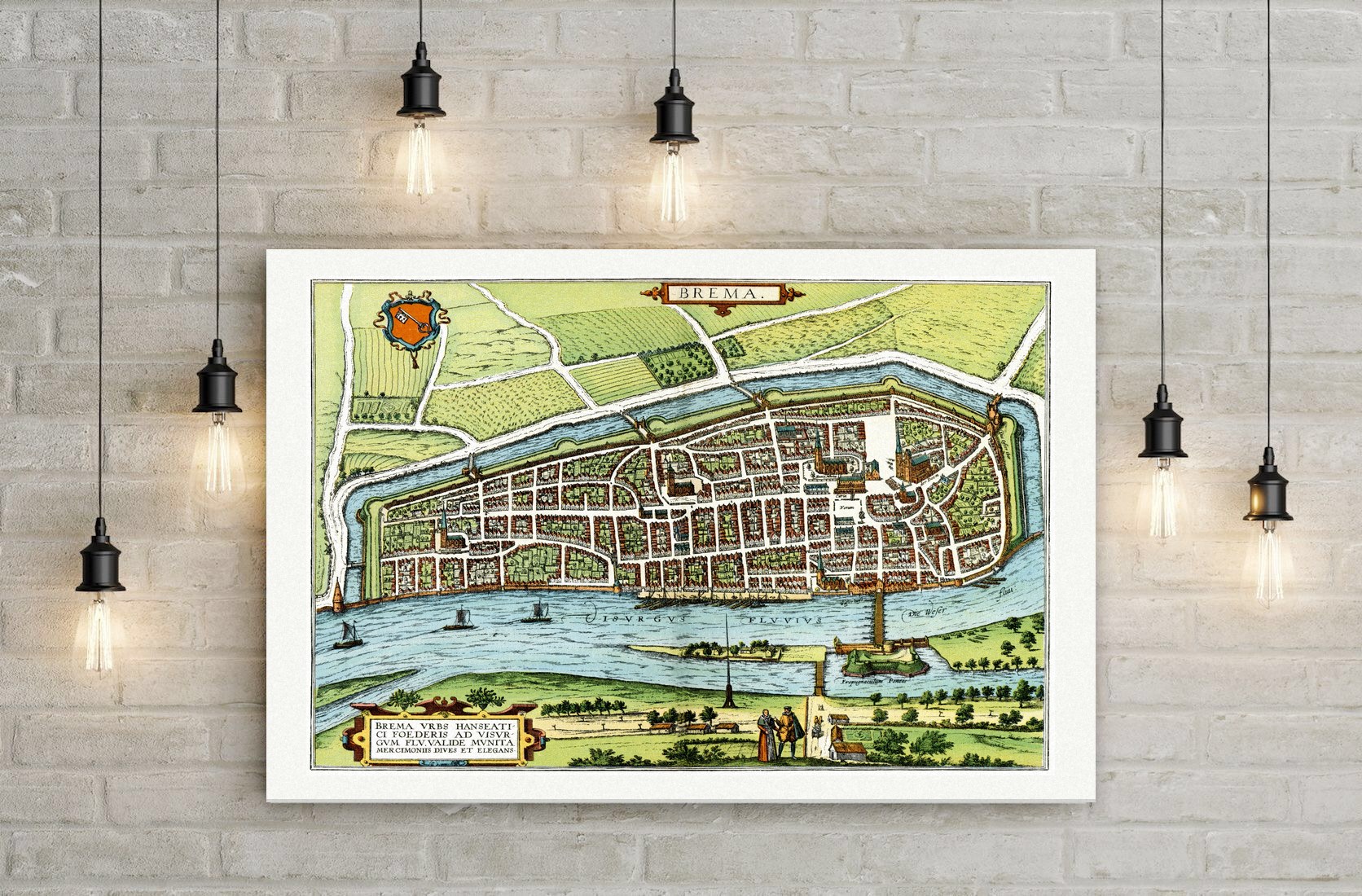 Bremen, kolorierter Vogelschauplan mit Weser und Stadtwappen, Braun und Hogenberg, Civitates orbis terrarum 1574, Leinwanddruck auf Holzkeilrahmen an der Wand
