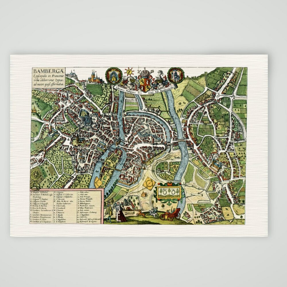 Bamberg, kolorierter Vogelschauplan mit Regnitz, Dom und Wappen, Braun und Hogenberg, Civitates orbis terrarum, Kunstdruck auf Leinenpapier