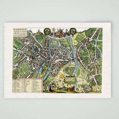 Bamberg, kolorierter Vogelschauplan mit Regnitz, Dom und Wappen, Braun und Hogenberg, Civitates orbis terrarum, Kunstdruck auf Leinenpapier