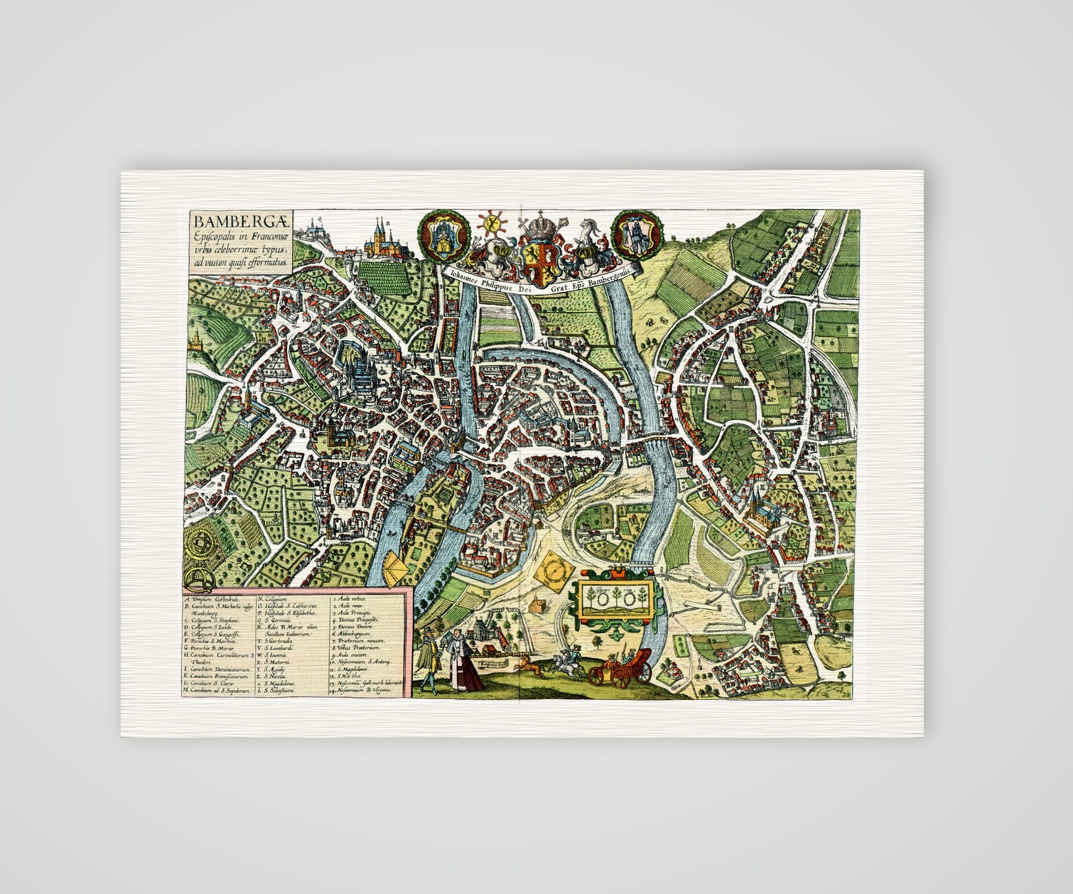 Bamberg, kolorierter Vogelschauplan mit Regnitz, Dom und Wappen, Braun und Hogenberg, Civitates orbis terrarum, Kunstdruck auf Leinenpapier