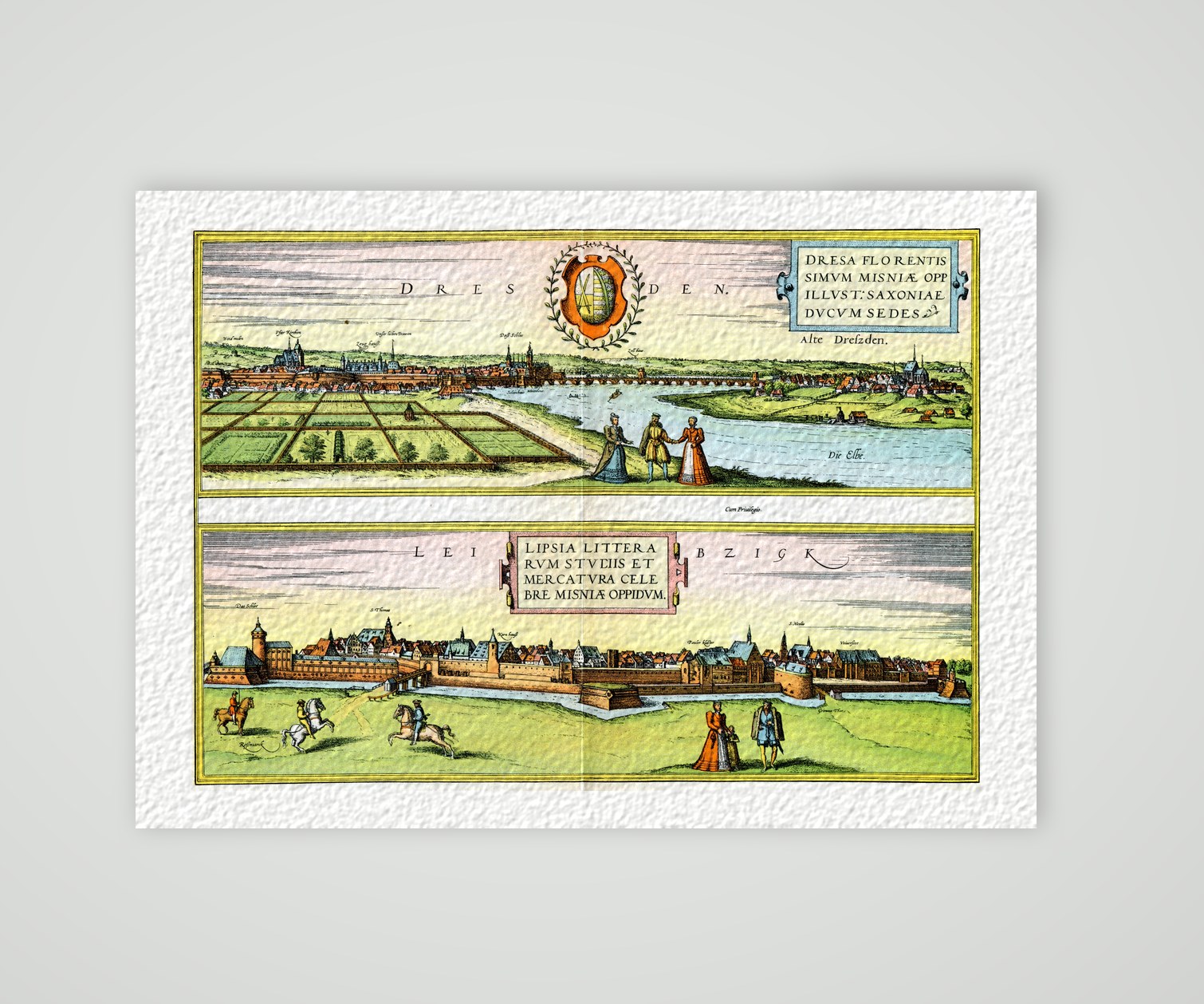 Dresden und Leipzig nach Braun und Hogenberg – Farbiges Faksimile nach Braun und Hogenberg, Kunstdruck auf Hahnemühle-Büttenpapier