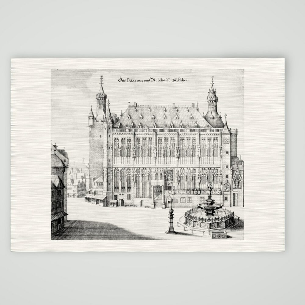 Aachen, Pfalz und Rathaus – Buchreproduktion nach Kupferstich, Kunstdruck auf Leinenpapier