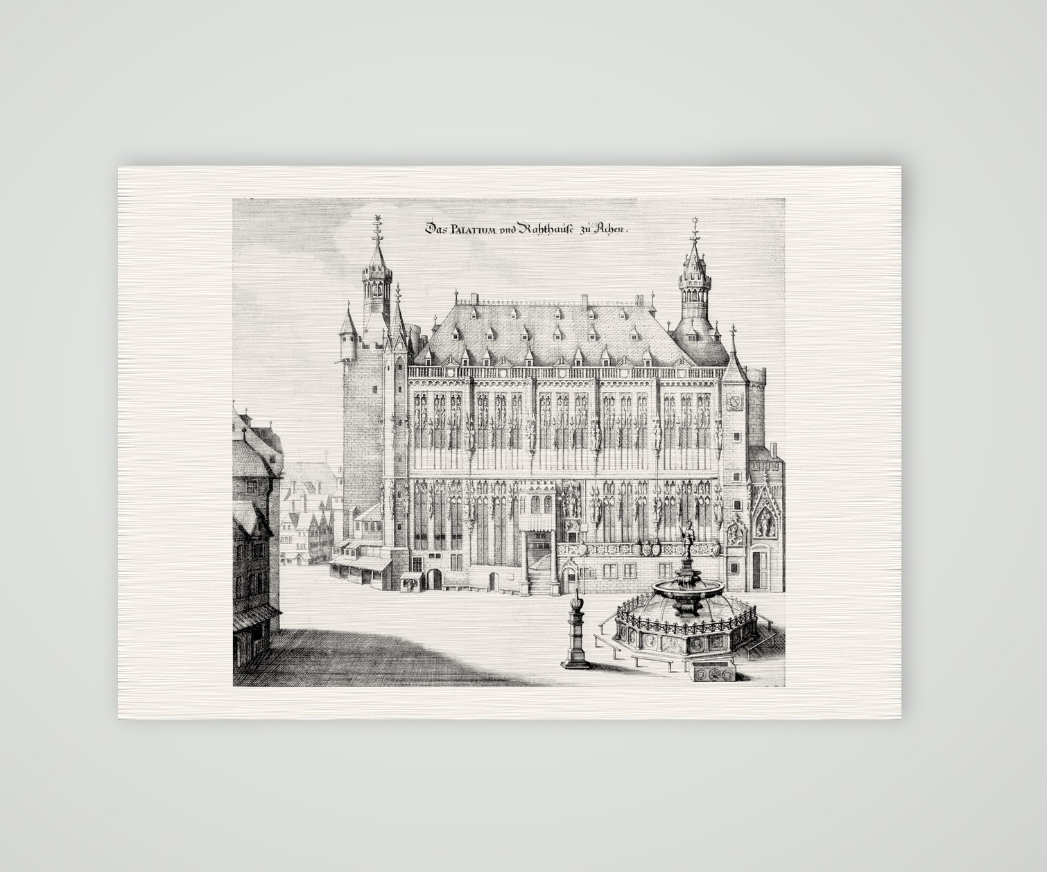 Aachen, Pfalz und Rathaus – Buchreproduktion nach Kupferstich, Kunstdruck auf Leinenpapier