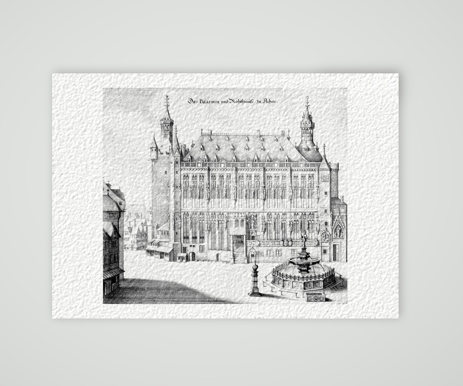 Aachen, Pfalz und Rathaus – Buchreproduktion nach Kupferstich, Kunstdruck auf Hahnemühle-Büttenpapier