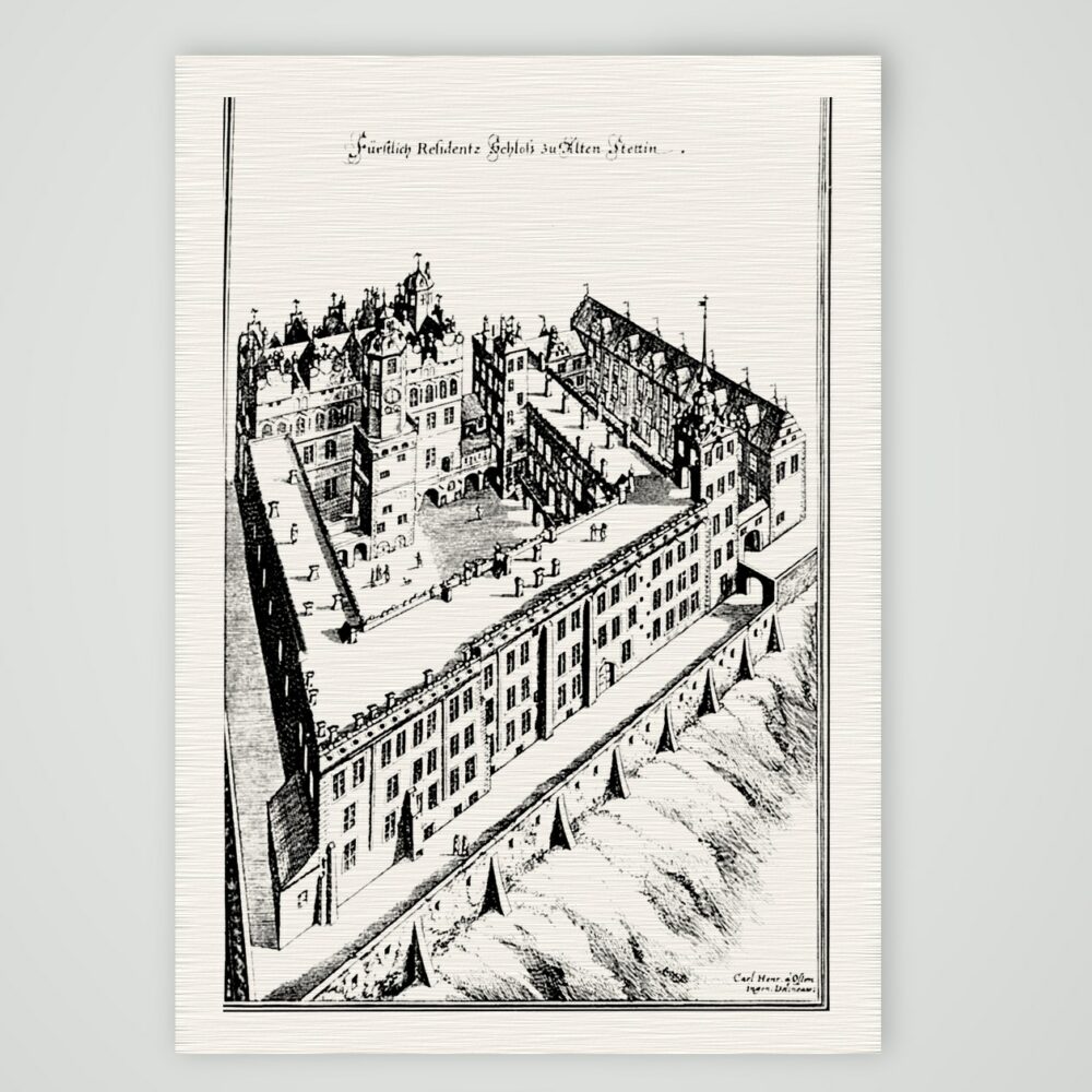 Stettin, das herzogliche Residenzschloss – Buchreproduktion nach Kupferstich, Kunstdruck auf Leinenpapier