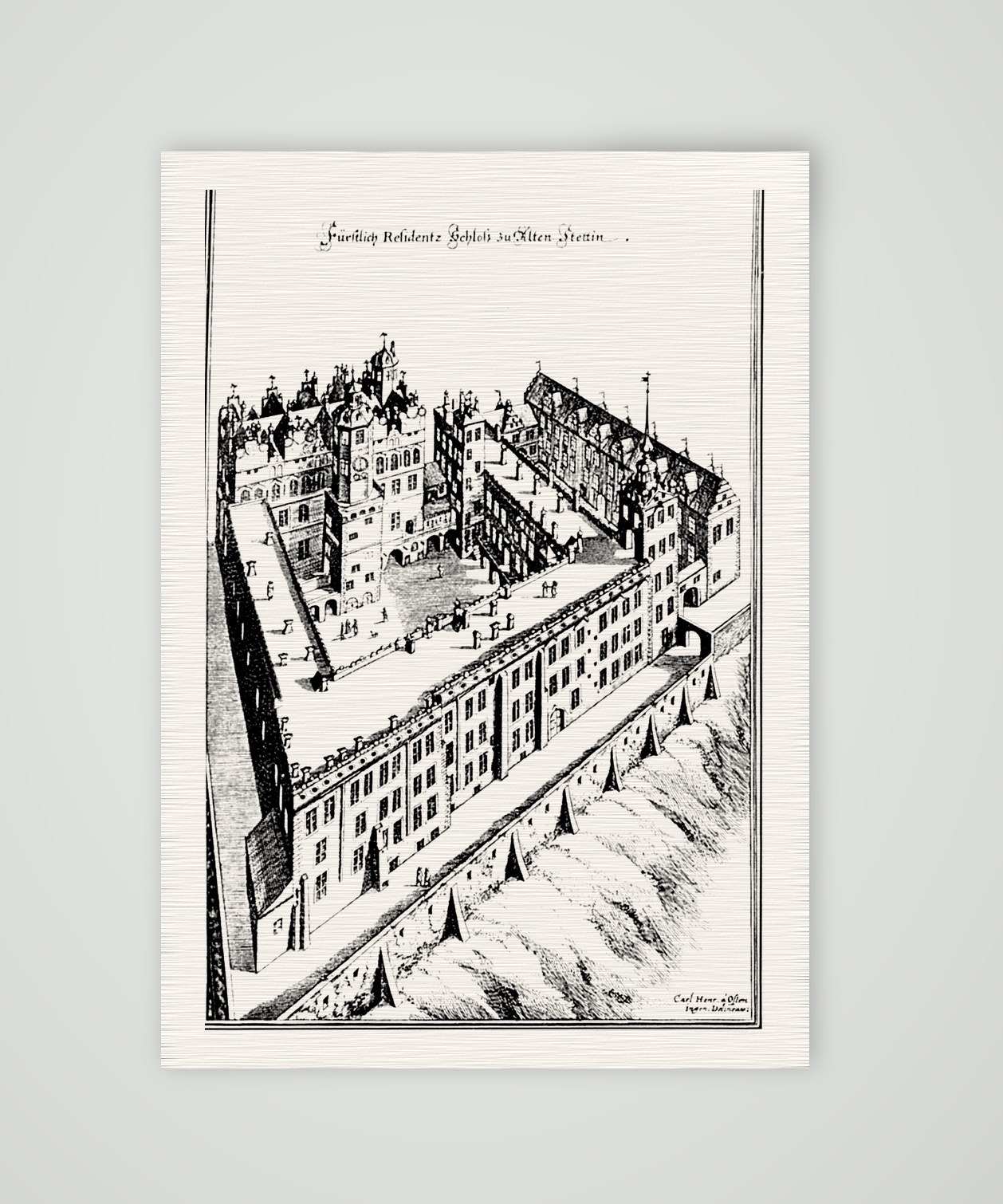 Stettin, das herzogliche Residenzschloss – Buchreproduktion nach Kupferstich, Kunstdruck auf Leinenpapier