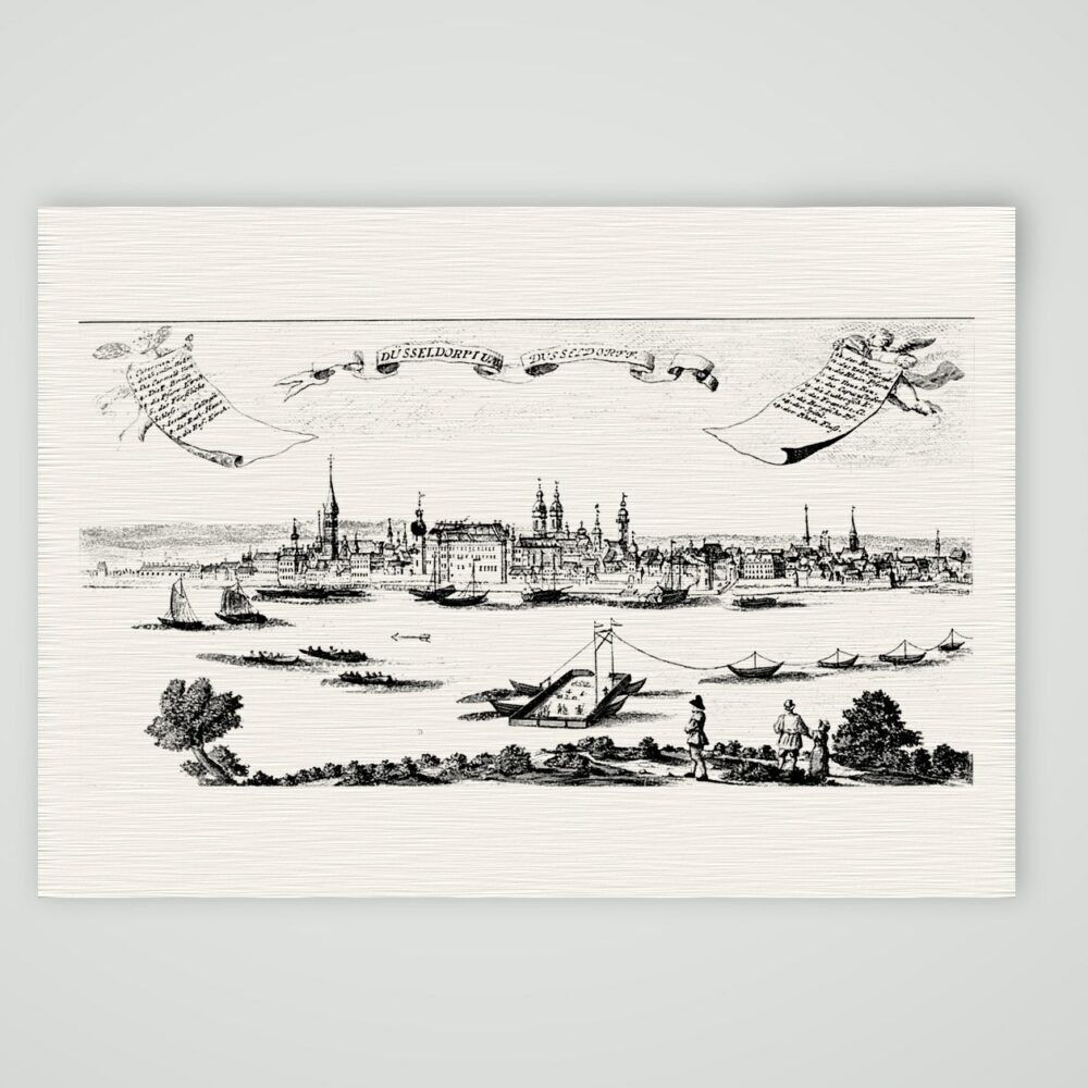 Düsseldorf am Rhein – Buchreproduktion nach Kupferstich, Kunstdruck auf Leinenpapier