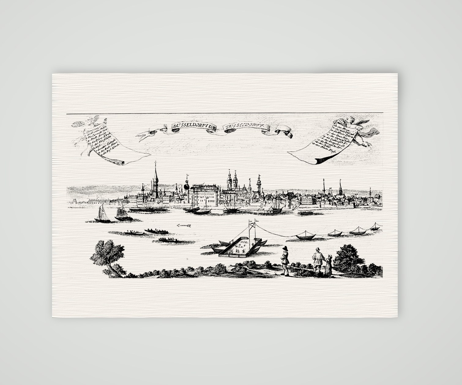 Düsseldorf am Rhein – Buchreproduktion nach Kupferstich, Kunstdruck auf Leinenpapier